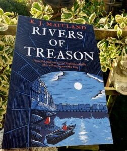 book cover for Rivers of Treason by K J Maitland. A vector of an archway on a river with a ferry setting off and houses in the background