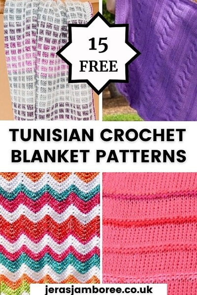 Montage of four photos showing different Tunisian crochet blankets 1) purples and pinks in block stitch 2) purple in cable stitch 3) rainbow colors in ripple stitch 4) pink in Tunisian Simple stitch