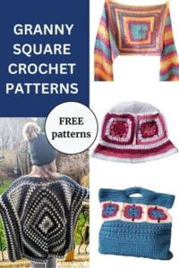 4 photos showing projects made from granny squares 1) poncho 2) shawl 3) bucket hat 4) tote bag