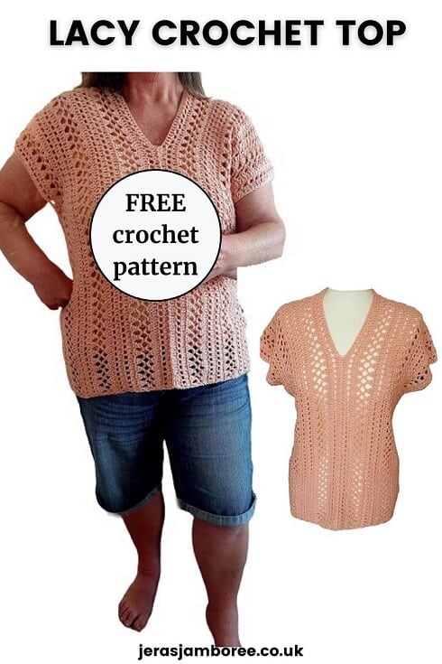 A women wearing a blush rose crocheted summer top next to a mannequin wearing the same time