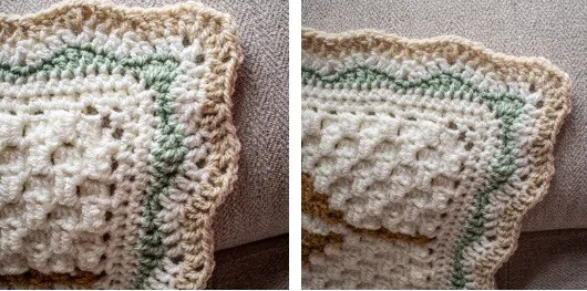 2 images showing the edging on a blanket