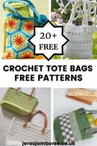 a montage of four photos showing different designs and styles of crochet tote bags
