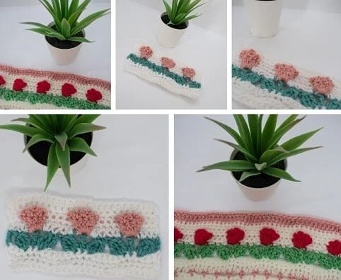 montage showing 5 photos of a flower border on a blanket