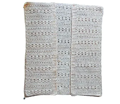 The back of a crochet cardigan overlaid with the left and right front laid flat