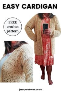 two photos, one showing a woman wearing a crochet cardigan with a dress and one wearing a white tee