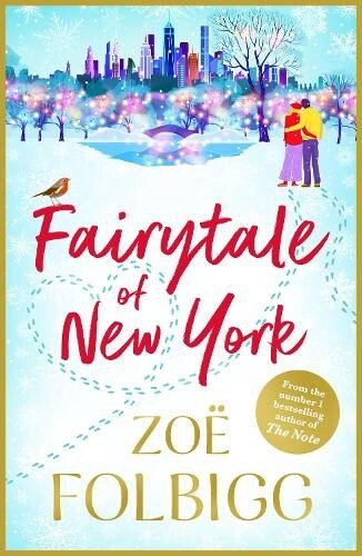 book cover for Fairytale of New York by Zoe Folbigg.  A couple are walking through a park towards New York with their footprints making a heart shape
