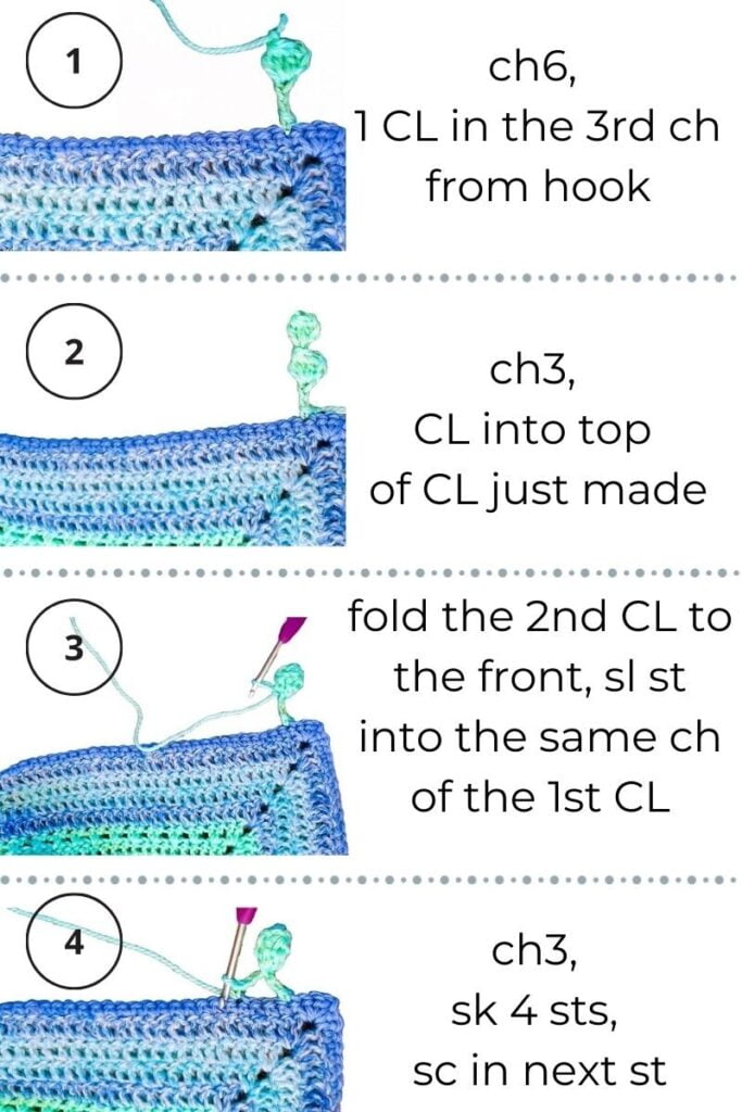 4 steps to completing a pom pom border on a crochet blanket in US crochet terms