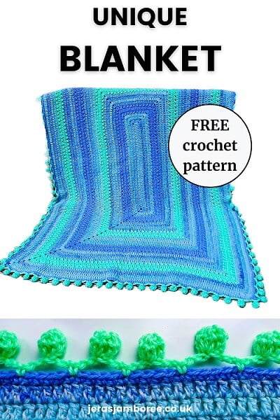 Two photos show 1) crochet blanket in blues and greens 2) a close up of a pom pom border