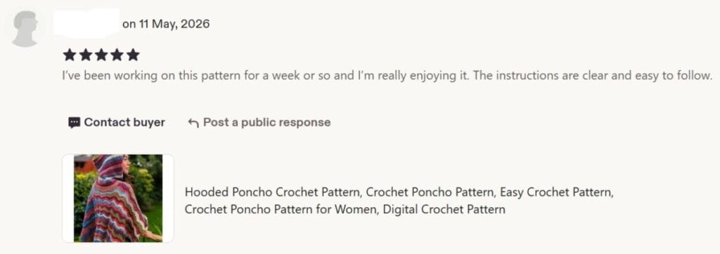 5 star Etsy review dated 12 May 2026 reads "I’ve been working on this pattern for a week or so and I’m really enjoying it. The instructions are clear and easy to follow."