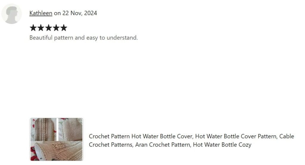 22 Nov 2024 5 Star Etsy Review. Text reads "Beautiful pattern and easy to understand"