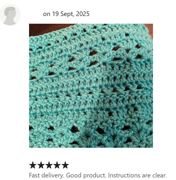5 star Etsy review 23 Sep 2025 "Good product.  Instructions are clear." Includes a photo of the cardigan stitches/fabric
