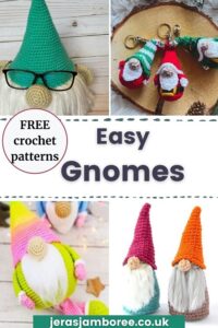4 images of finished crochet gnomes 1) gnome glasses holder 2) gnome keyrings 3) colourful gnome 4) 2 mini gnomes