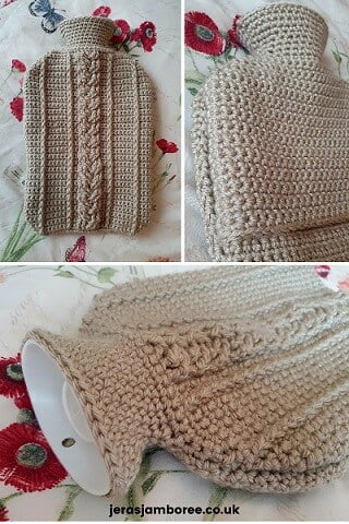 Montage of 3 photos showing a crocheted hot water bottle cover 1) the front 2) the back 3) close up of the neck and front