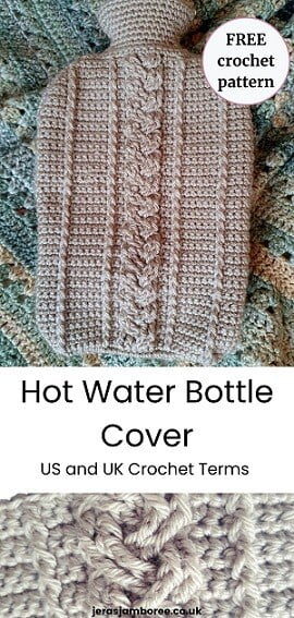 two images 1) the front of a hot water bottle cover and 2) close up of the braided crochet stitch