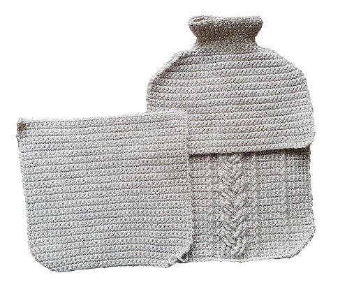two pieces of crocheted fabric of the front and back of a hot water bottle cover