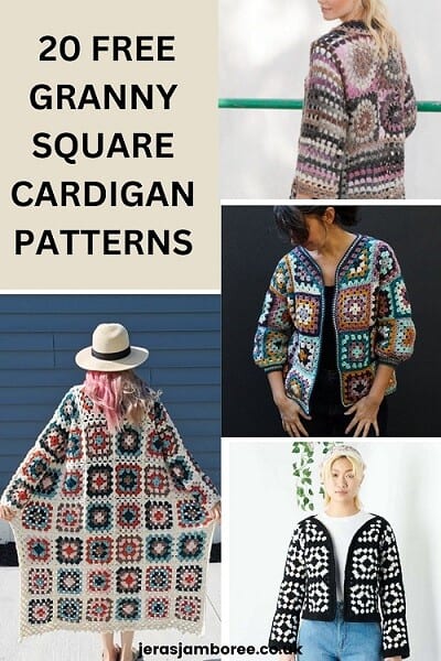 Montage of four photos showing differently designed granny square cardigans