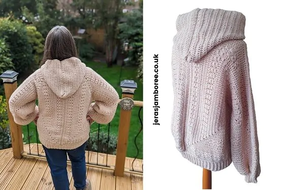 two images 1) a woman is facing away showing the back of a crochet sweater 2) the same hexi sweater is styled on a mannequin