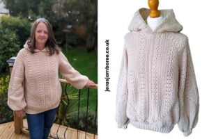 Two images 1) a woman wearing a crochet hexagon sweater looking towards the front 2) the same sweater styled on a mannequin