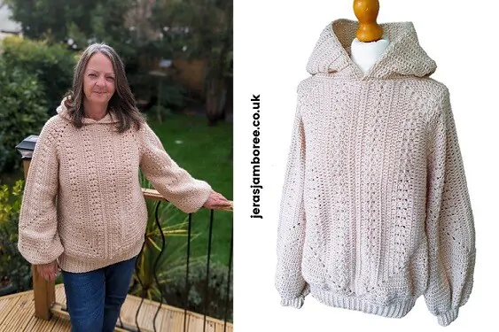 Two images 1) a woman wearing a crochet hexagon sweater looking towards the front 2) the same sweater styled on a mannequin