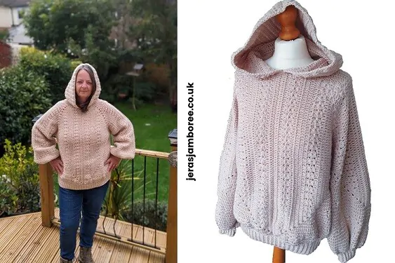 two images 1) a woman is standing with her hands on her hips wearing a hexagon crochet sweater with the hood up 2) the same sweater styled on a mannequin