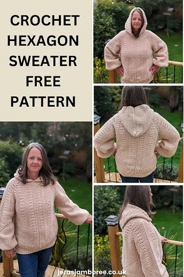 montage of 4 photos showing a different view of a woman wearing a crochet hexagon sweater