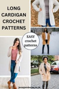 montage of 4 photos showing different women wearing different styles of long crochet cardigans