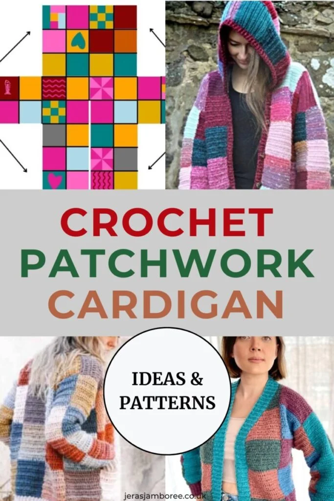Montage of four photos three show different designs of a patchwork crochet cardigan and one image a layout