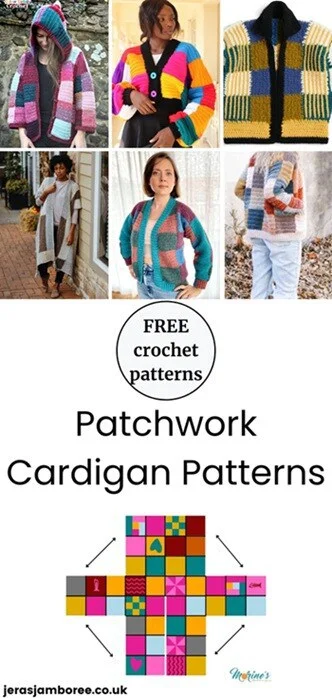6 photos of different patchwork cardigans and a layout of how to sequence the patches