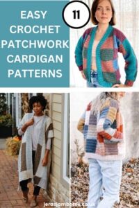 montage of three photos showing differently designed crochet patchwork cardigans