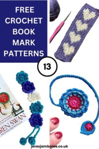 montage of three photos showing different designs of crochet bookmarks 1) 5 blossoms with 2 small leaves on the end 2) hearts in blue with a white background 3) a retro flower at the top and smaller at the bottom