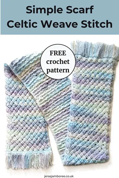 A crochet scarf worked in the Celtic Weave stitch is laid out flat