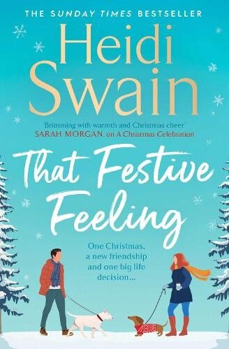 book cover for That Festive Feeling by Heidi Swain.  Vector of a man and woman walking dogs in the snow