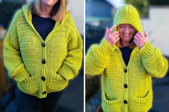 A woman is wearing a lime green cardigan.  One image she is standing with her hands in her pockets and in the other, she is just putting up the hood