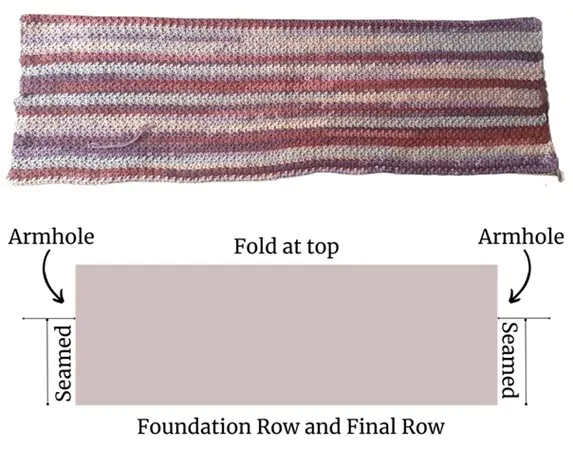 Process photos and diagrams for assembling a crochet cocoon cardigan