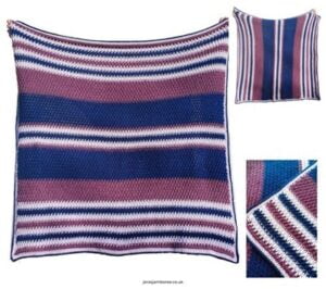 Montage of three photos showing different aspects of a stripe crochet blanket
