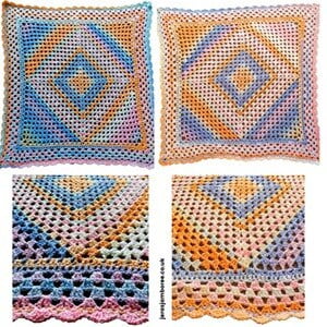 four images showing the different sides and border of a granny square lapghan
