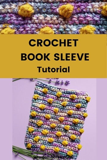 two photos showing a close up of the crochet stitches and a finished book sleeve