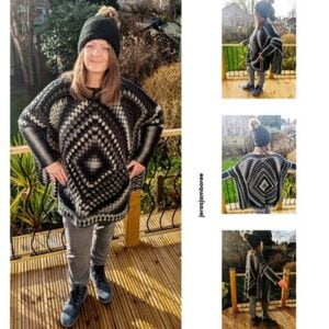 montage of four photos showing a woman wearing a crochet poncho with views of the front, back and side