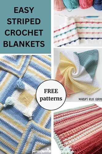 Montage of four images showing different designs of striped crochet blankets