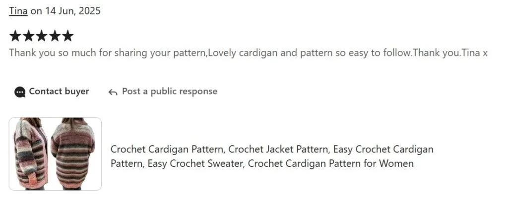 Customer review from Etsy showing a five-star rating and praise for a crochet cardigan pattern. Includes two photos of a model wearing a striped crochet cardigan in muted pink, brown, and cream tones, shown from the front and back. Text highlights: “Lovely cardigan and pattern so easy to follow.”