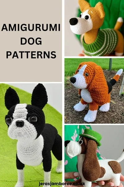 Montage of four photos showing different crochet dog toys