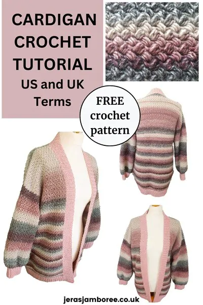3 images show an easy crochet cardigan styled on a mannequin with a close up of the crochet stitches used