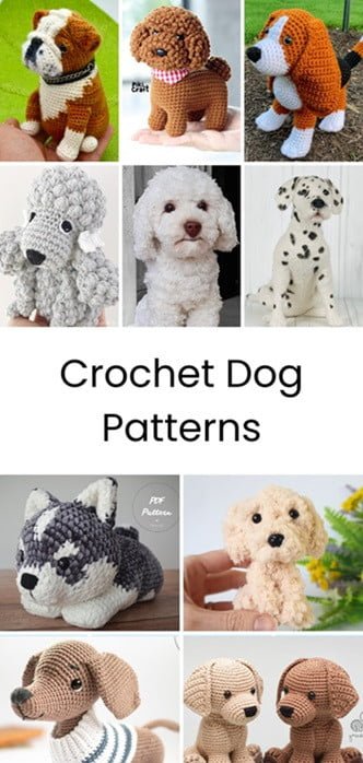 Montage of 10 photos showing different breeds of crochet dogs made from a pattern