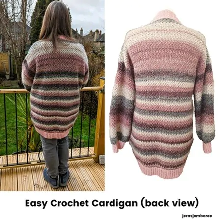 Two images showing how a crochet cardigan looks from the back styled on a woman and compared to styled on a mannequin