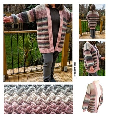 Montage of five images showing a woman wearing a crochet cardigan with the front, side and back views, the same cardigan styled on a mannequin and a close up of the mini bean crochet stitch