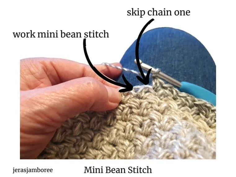 a diagram showing where chain one is and where to work the mini bean stitch
