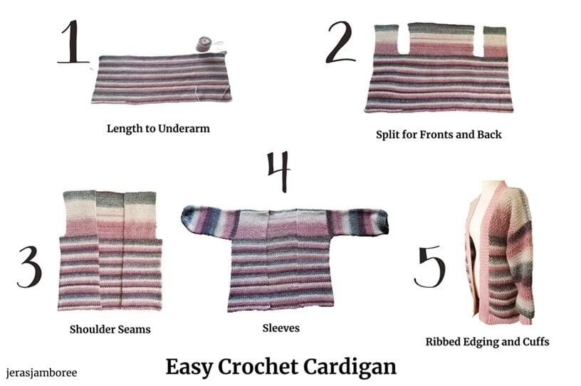 Numbered photos showing the process of crocheting a seamless cardigan