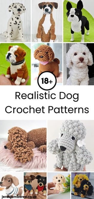 Montage of 12 photos showing crochet dogs of different breeds
