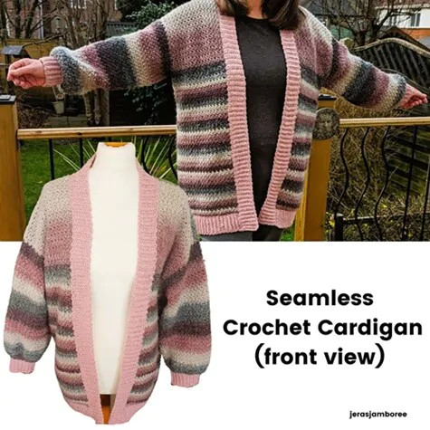 A woman is facing the front wearing a long cardigan and the same cardigan is styled from the same perspective on a mannequin