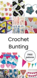 montage of 12 photos using different shapes and objects in crochet bunting